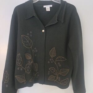 Vintage Jillian Jones Green 100% Wool Embroidered Leaf Button Cardigan Sweater L